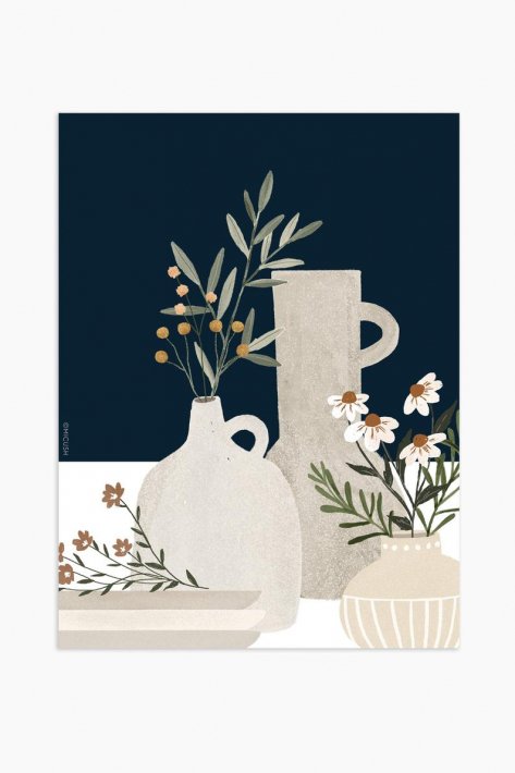 MICUSH | POTTERY AND FLOWERS (CLOSE UP) ART PRINT (dark blue) (AP122) | アートプリント/ポスター (30x40cm)