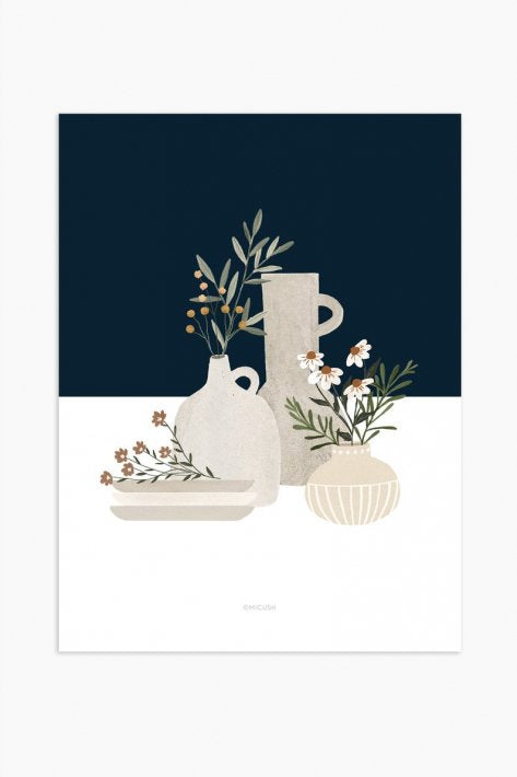 MICUSH | POTTERY AND FLOWERS ART PRINT (dark blue) (AP119) | アートプリント/ポスター (30x40cm)